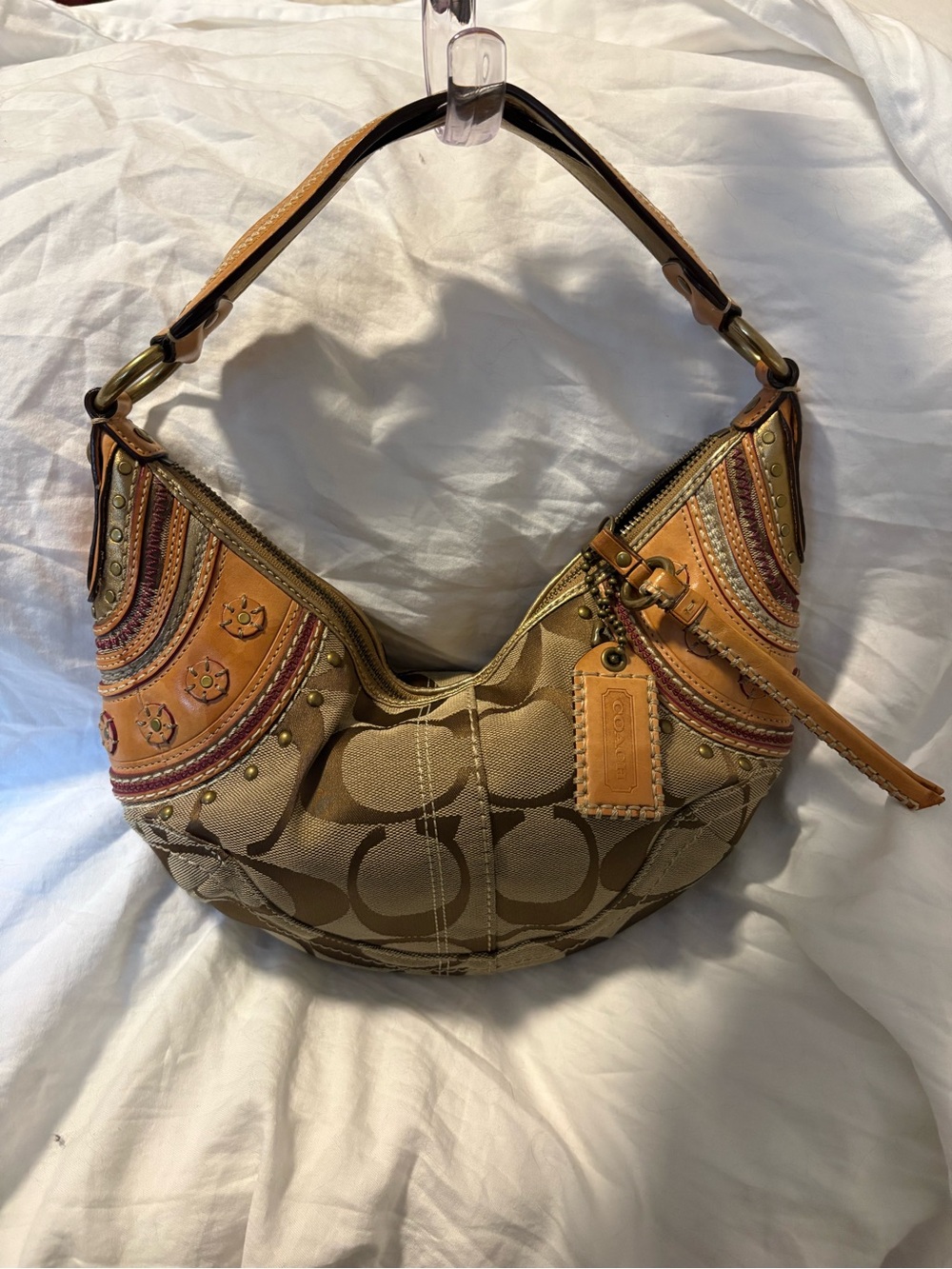 Y2K Coach Leather Studded Mia Soho Hobo And Beige/Tan Signature Canvas